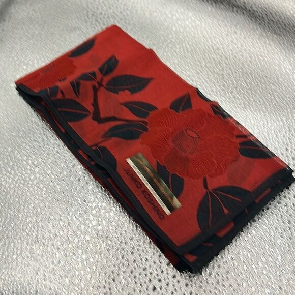 Junko Koshino 16x16 Square Scarf Red Black Floral Asian Inspired Summer Coastal - Picture 7 of 7